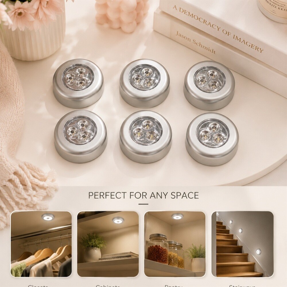 Set of 6 LED Puck Lights Stick-On Under Cabinet Closet Stair Tap On/Off
